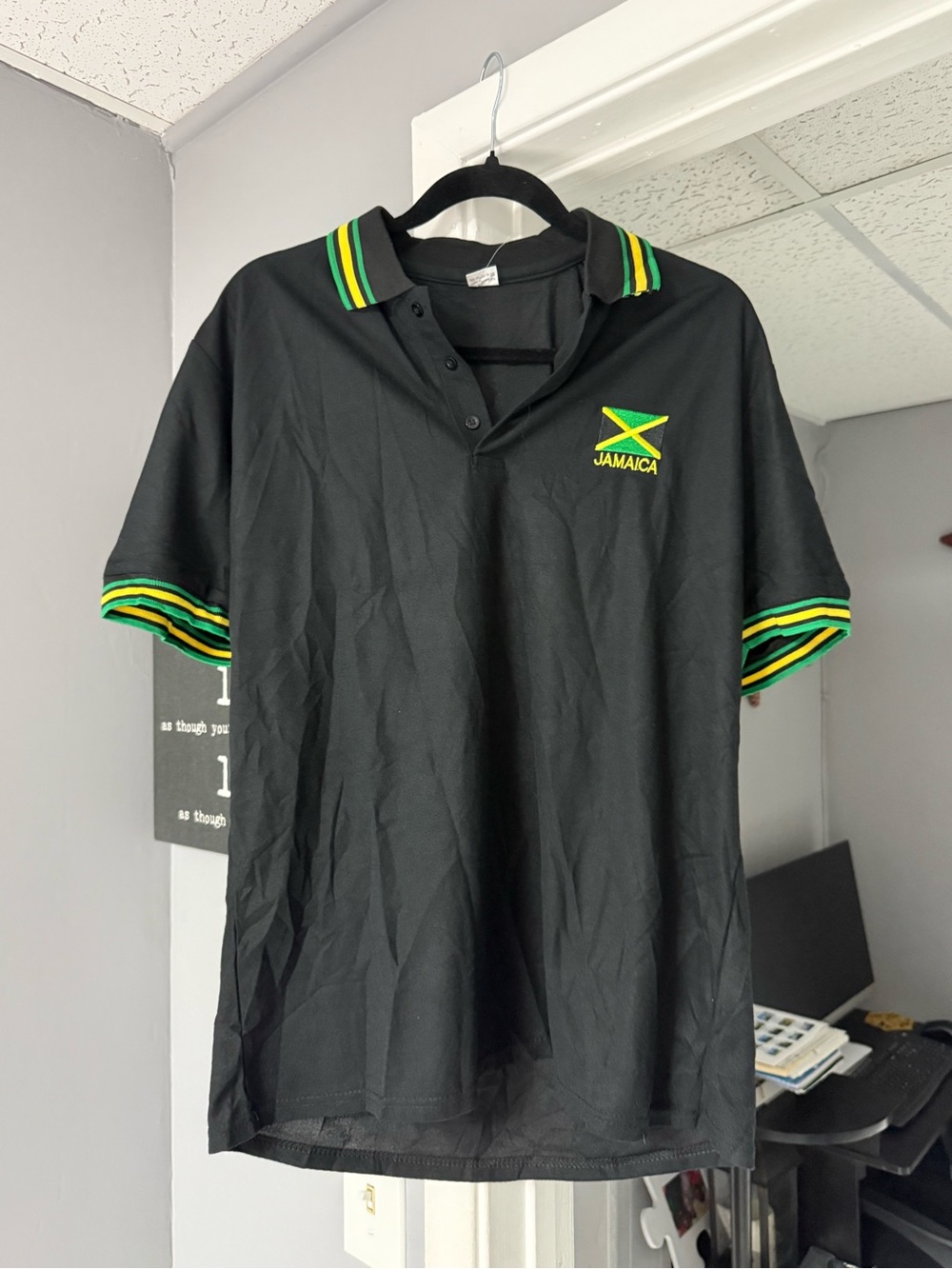 Jamaica Embroidered Black Polo Shirt with Green & Yellow Trim